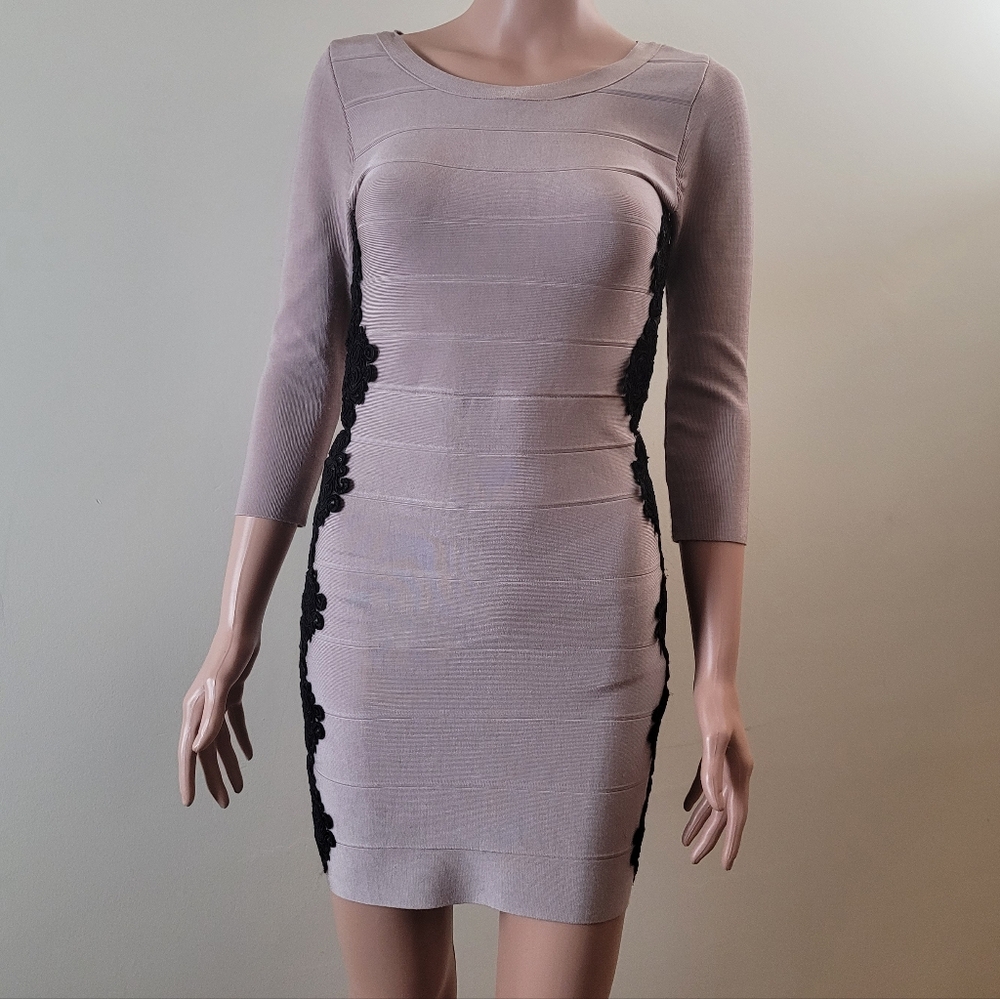Venus Bodycon Mini Dress, XS, Dusty Pink, Black Scalloped Lace Trim Bandage Chic